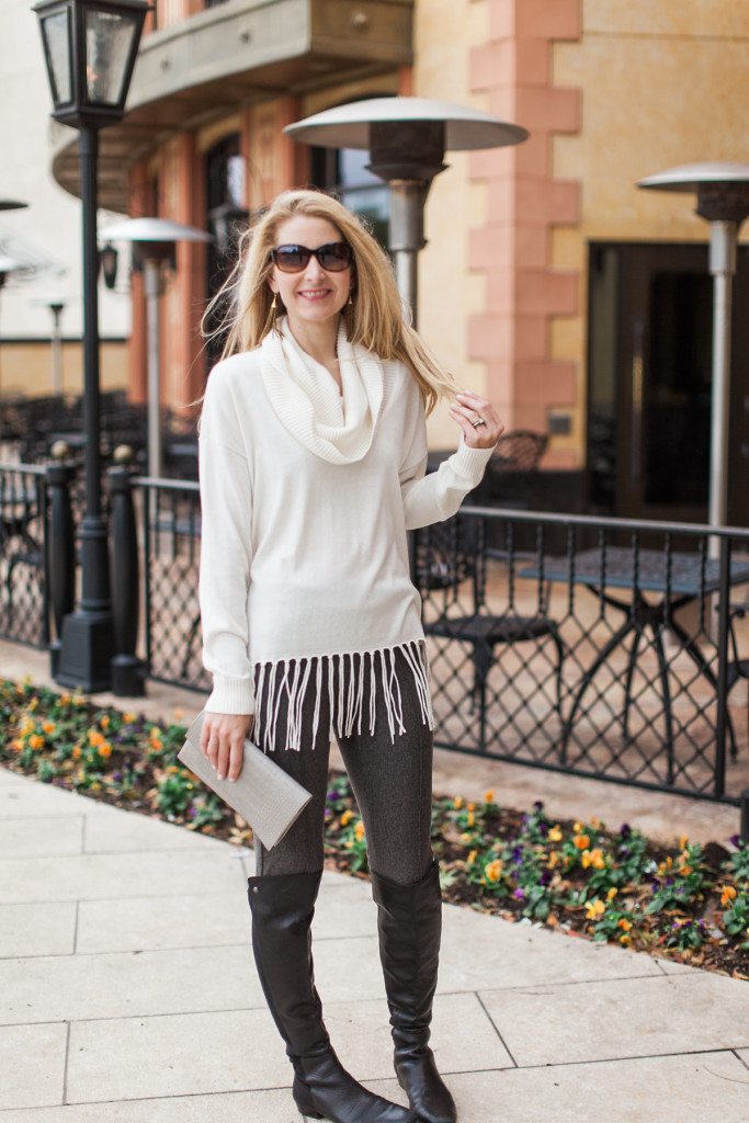 dallas fashion blogger, fringe sweater, over the knee boots, august california