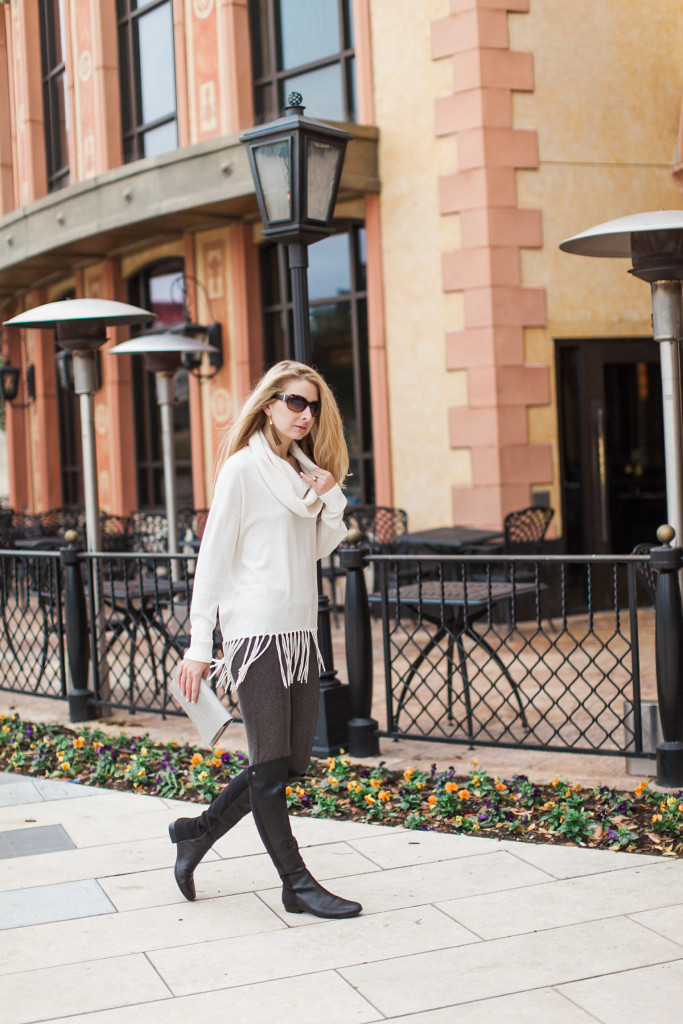 dallas fashion blogger, fringe sweater, over the knee boots, august california