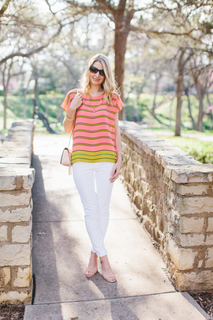 bauble bar, beaded earrings, loft, dallas blogger, spring blouse, ootd