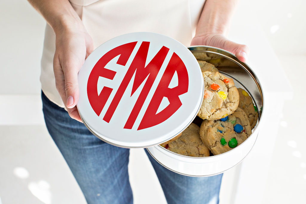 monogrammed cookie tin 